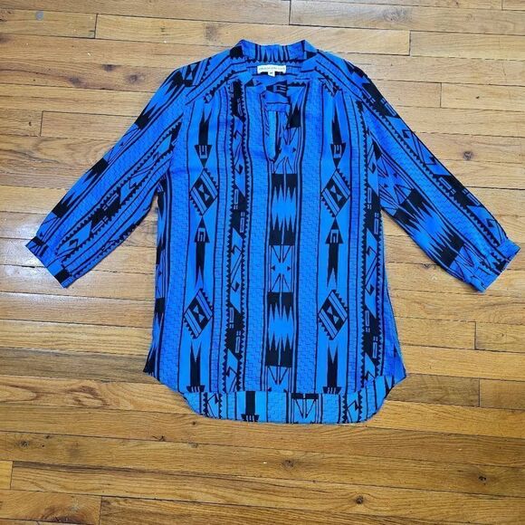 Amanda Uprichard Womens Silk Top Blouse Size M Aztec Print Long Sleeve Blue Blac - Picture 1 of 6